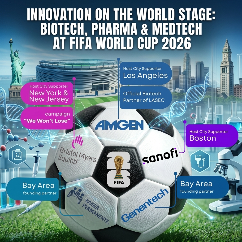Premium soccer ball with Amgen, Sanofi, Bristol Myers Squibb, and Genentech logos in a high-tech stadium representing pharma and biotech presence at FIFA World Cup 2026